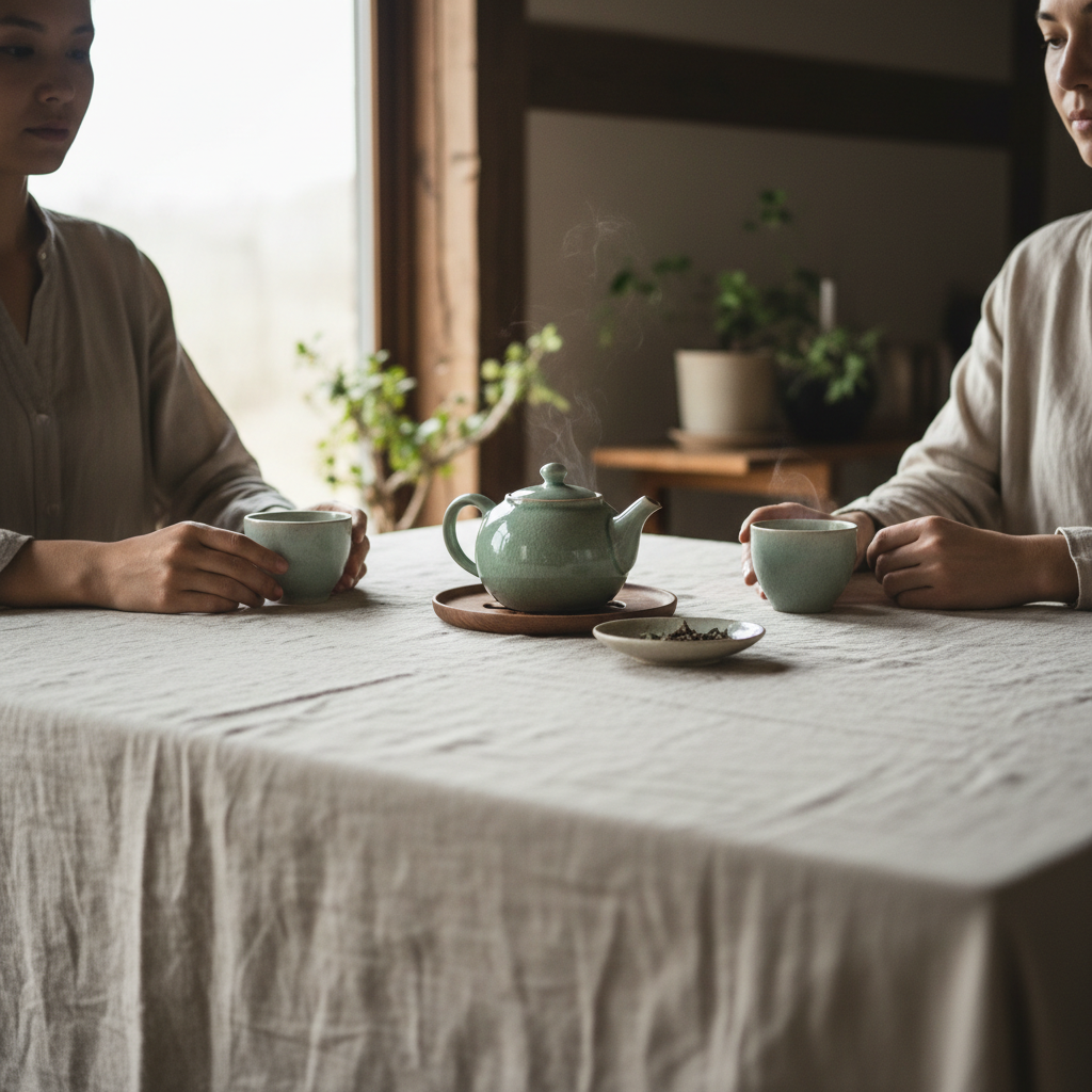 Two people sitting across a worn linen table with ceramic cups and a celadon teapot between them