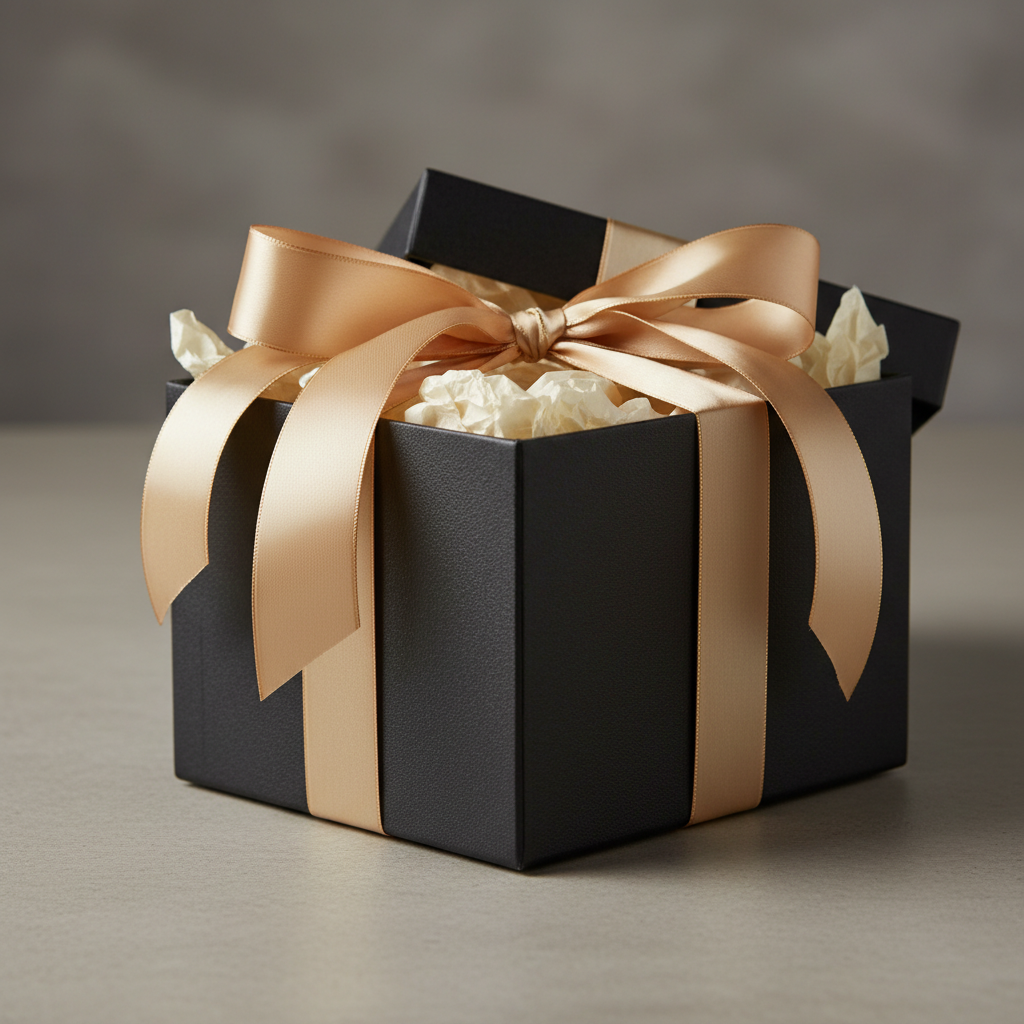 Premium gift unboxing experience with dark luxury packaging and deep atmospheric shadows