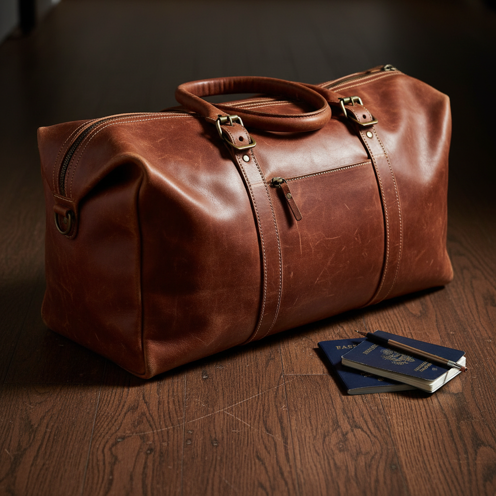 Single worn leather travel bag on vintage wooden floor with passport and field notes beside it