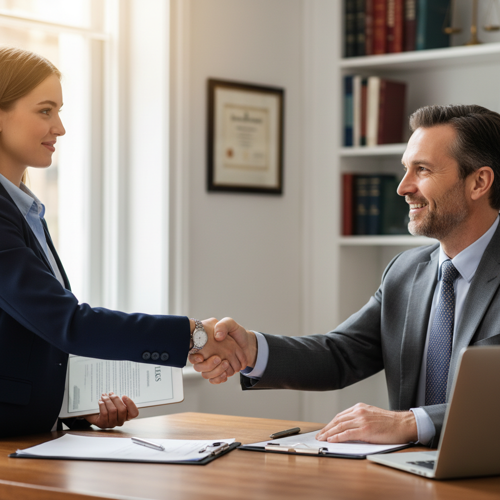 Two professionals shaking hands across desk in formal salary negotiation meeting
