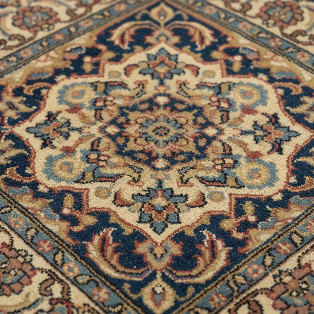 Close-up of nicotine-stained Isfahan carpet pile, ochre discolouration visible across the central medallion field