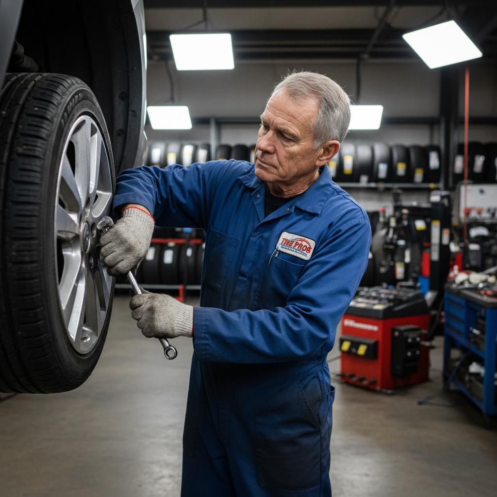 Marcus Delacroix, senior tire technician in professional service bay wearing uniform