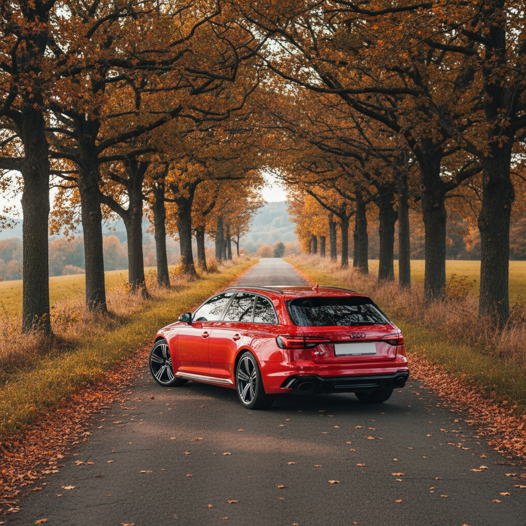 Audi RS4 Avant B9 in Misano Red on a country road, quattro badge prominent, autumn trees