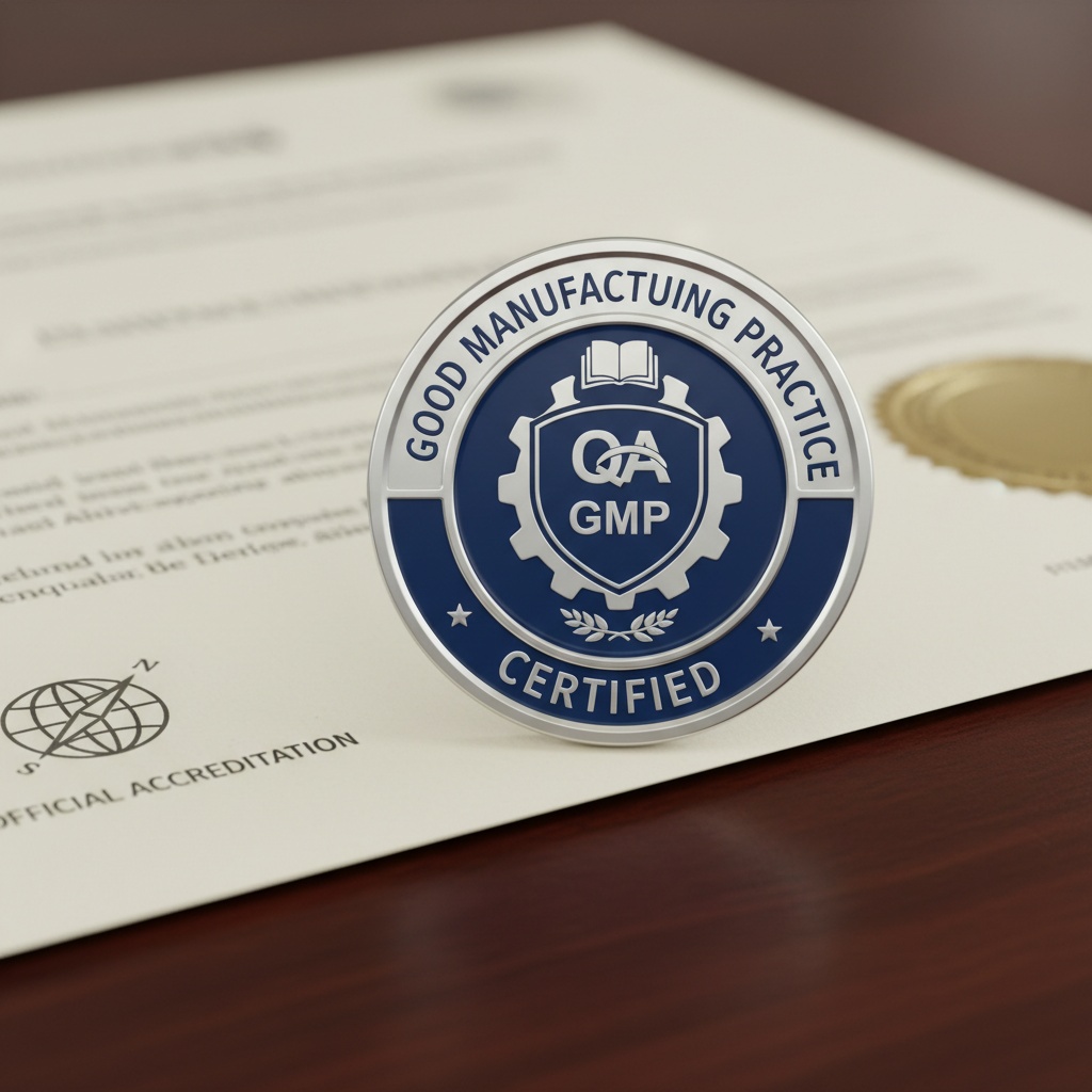 GMP manufacturing certification document with quality control symbols and official signatures