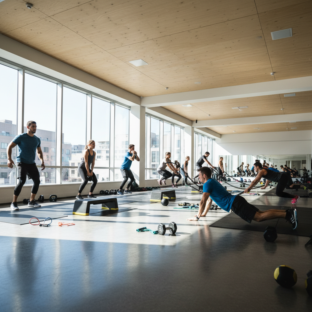 HIIT group workout class — multiple athletes in dark studio with neon accent lighting, dynamic movement blur
