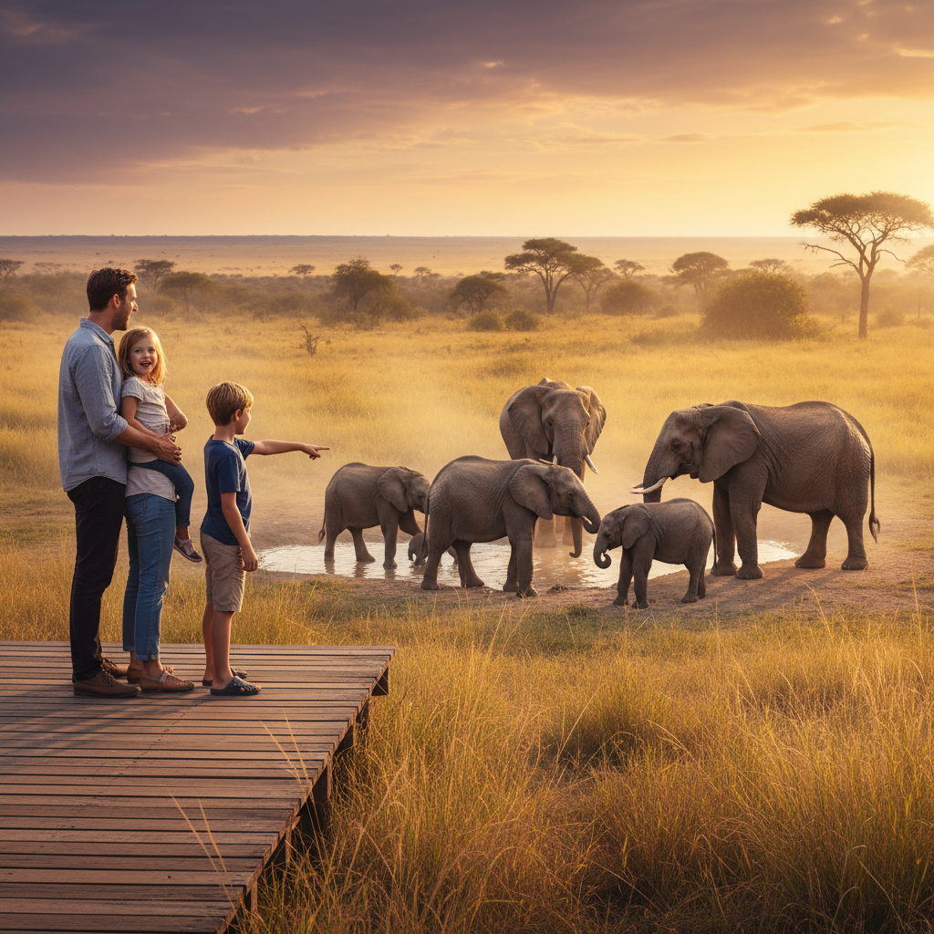 Family of four watching elephants at golden hour