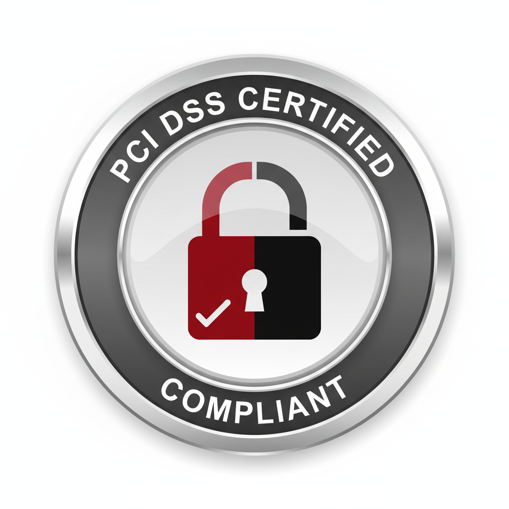 PCI DSS compliance badge with red and black security lock icon on white background