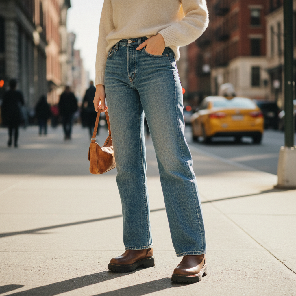 Full length shot of person wearing wide-leg vintage Wranglers on a city sidewalk
