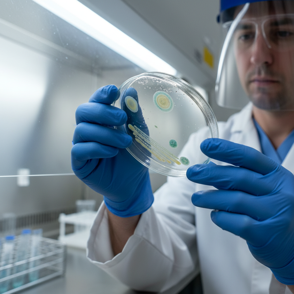 Laboratory technician conducting microbiological testing with petri dishes under sterile conditions