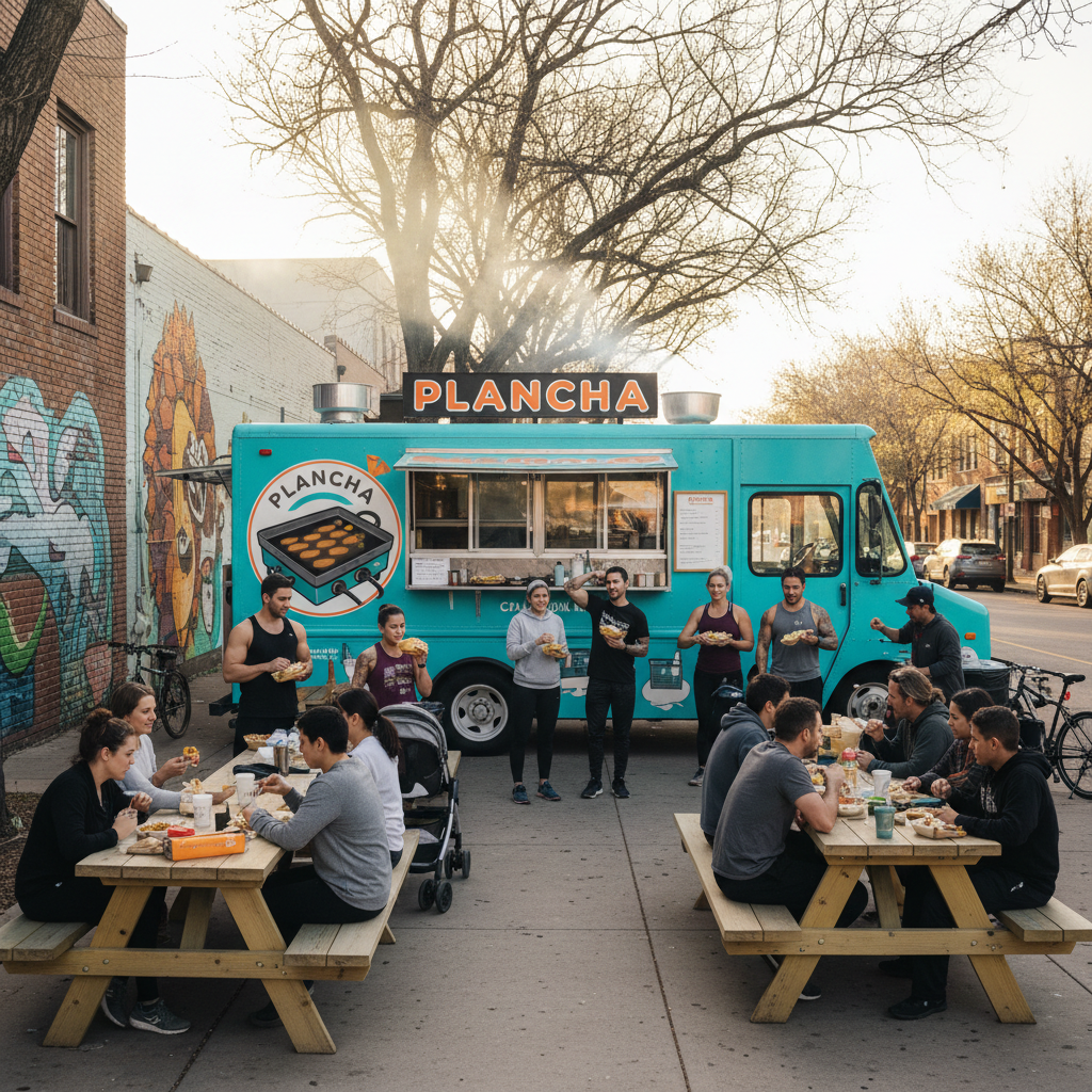 Plancha food truck on East 6th Street Austin on Saturday morning with CrossFit athletes and neighborhood locals