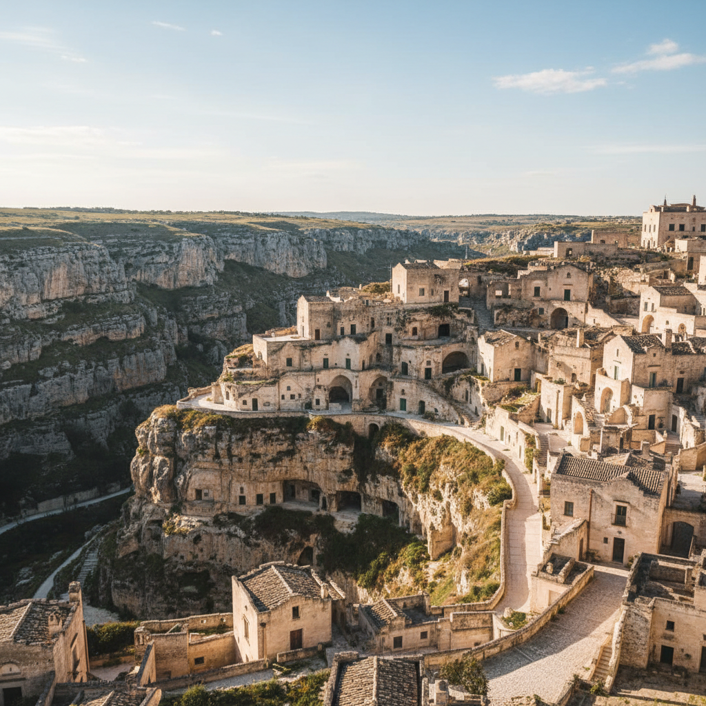 Cave dwellings of Matera carved into a ravine in Basilicata Italy