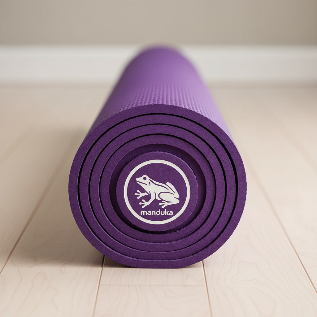 Tapis de yoga violet enroulé avec sangle sur parquet