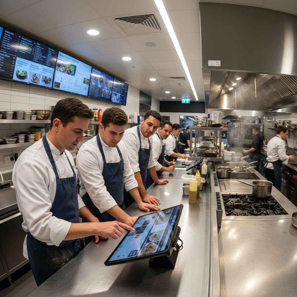 Chef working in a modern restaurant kitchen with digital tablet, warm ambient lighting, dark professional environment