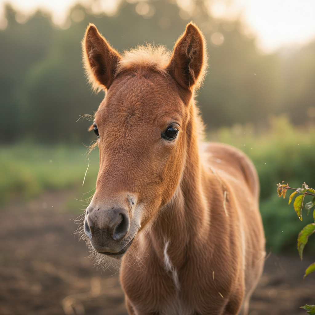 Young sorrel colt with curious expression and soft fuzzy coat in morning light