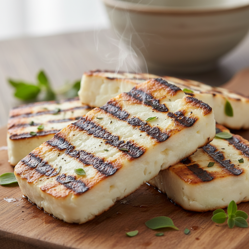 Grilled halloumi slices with char marks, drizzled with honey and thyme on a slate board