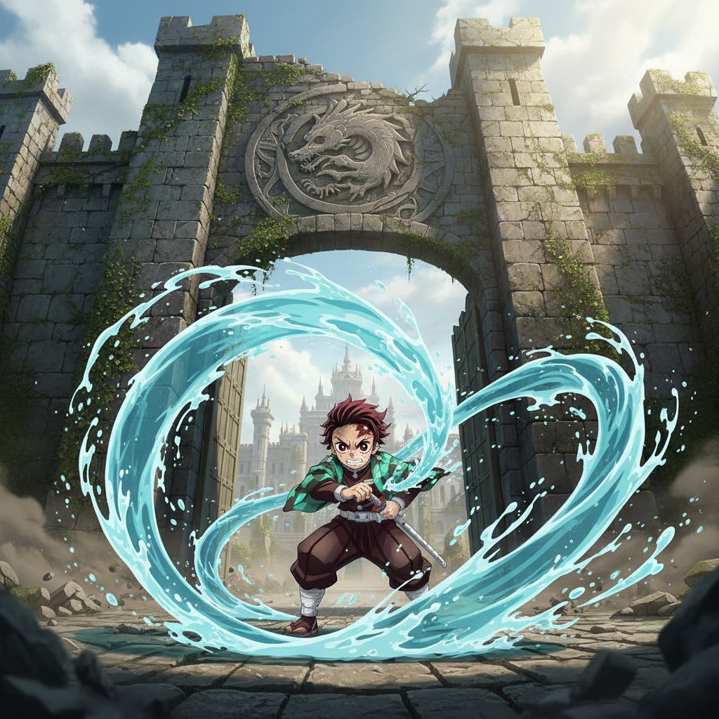 Demon Slayer Infinity Castle Arc official poster showing Tanjiro with flame breathing technique against dark castle background