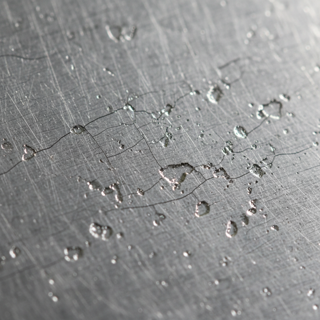 Steel surface under industrial inspection with visible micro-fracture patterns and surface irregularities