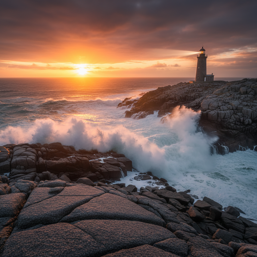 Lone lighthouse on rocky Atlantic coast at sunset, waves crashing against granite