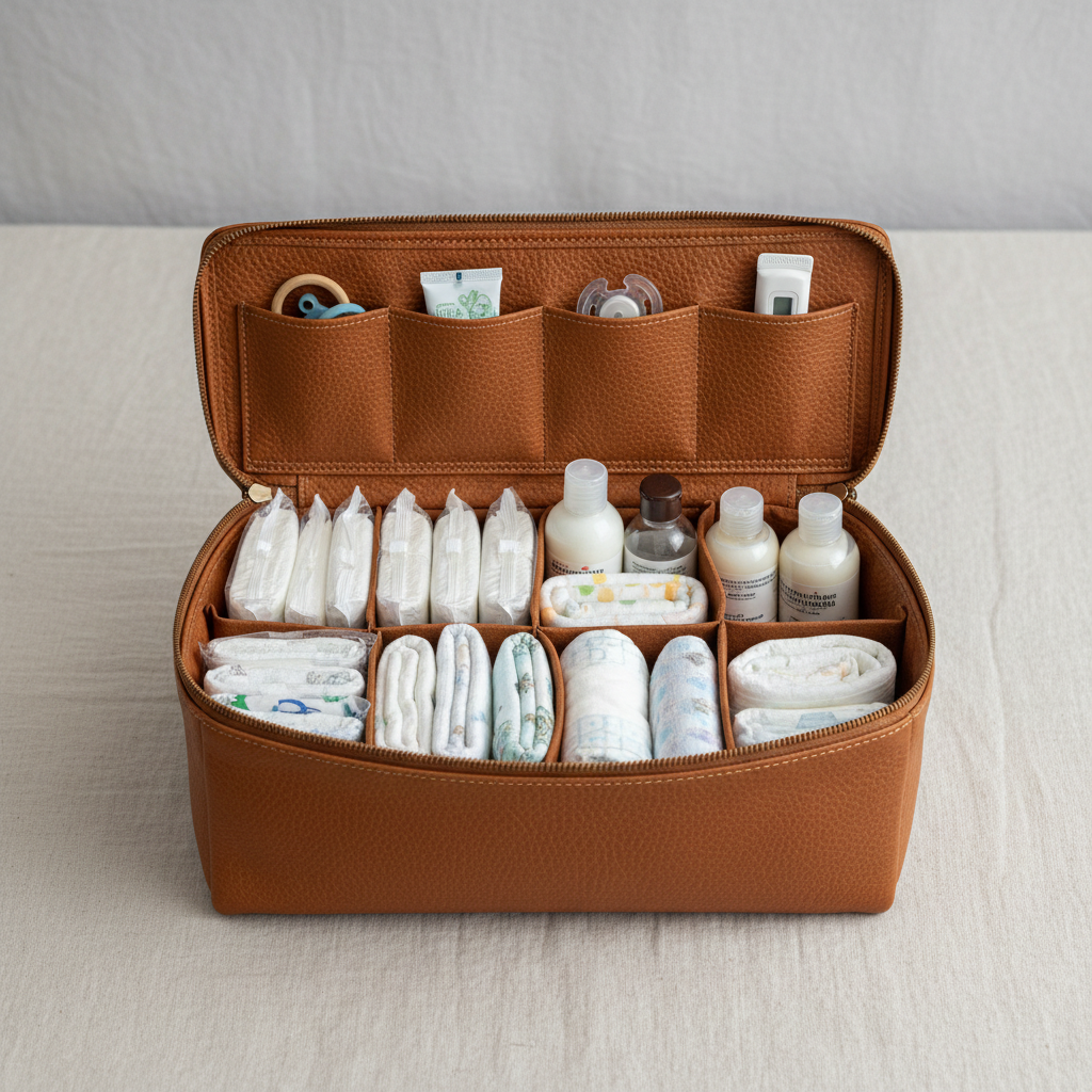 Open leather changing bag revealing twelve organised compartments with wipes, nappies, and bottles