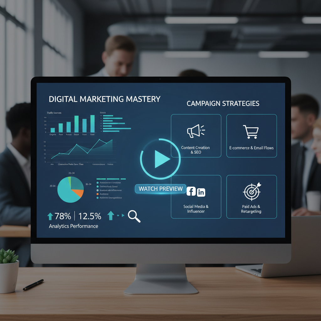 Digital marketing course preview showing analytics dashboard on laptop screen