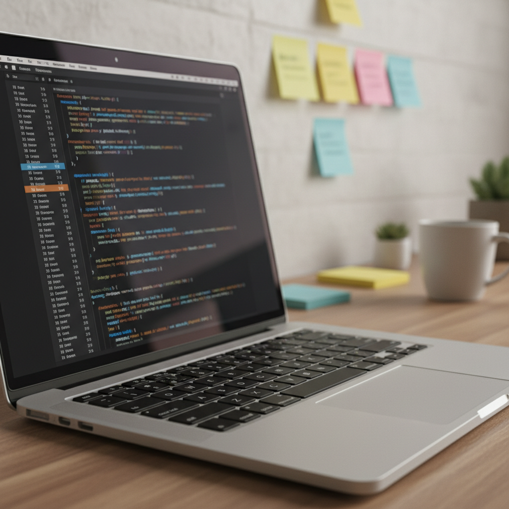 MacBook with code open and sticky notes on the wall behind it