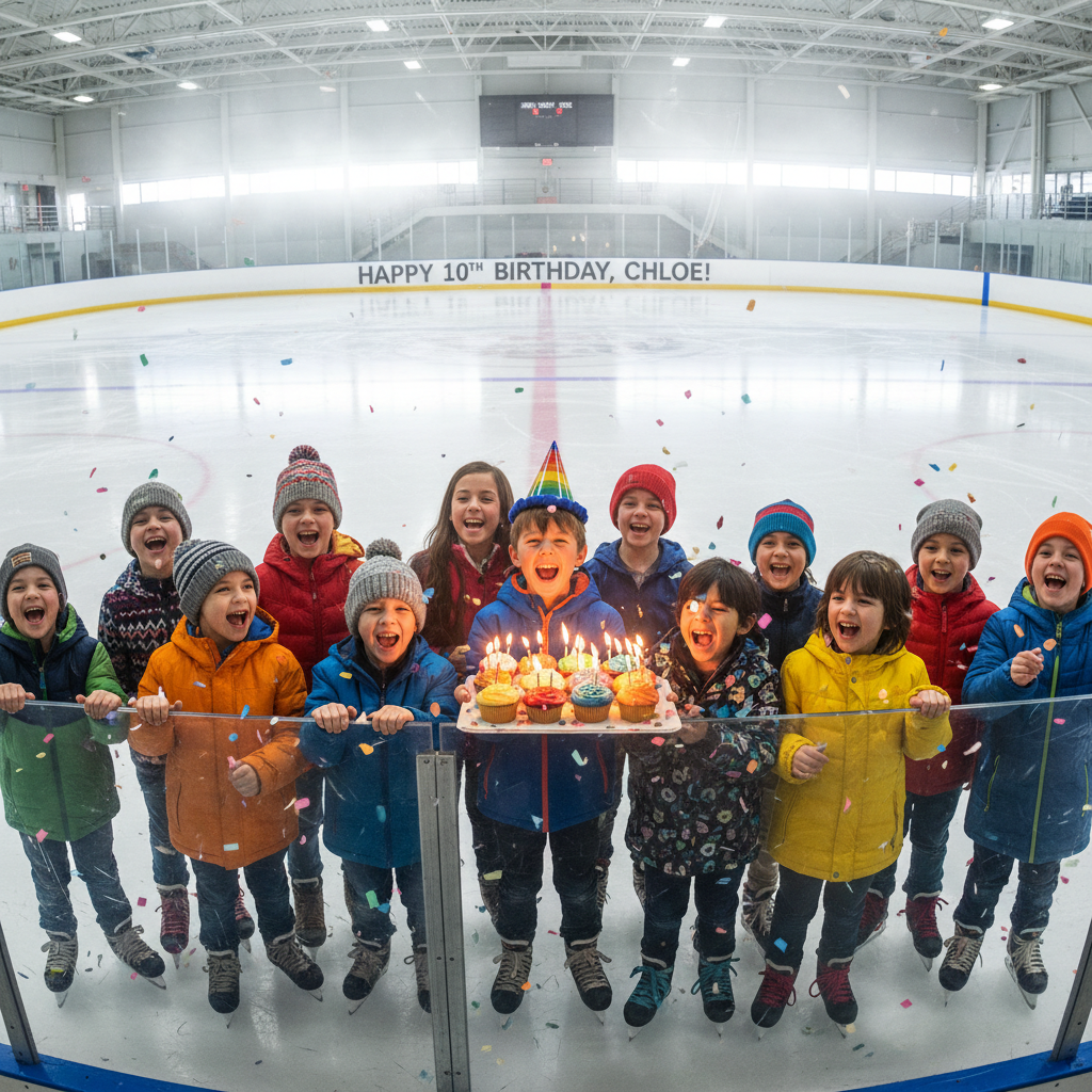 Birthday party group of kids clustered at the rink boards laughing