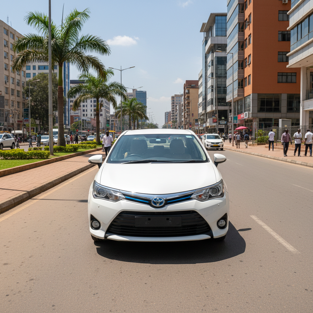 White Toyota Axio sedan parked on clean pavement, bright daylight, well-lit environment