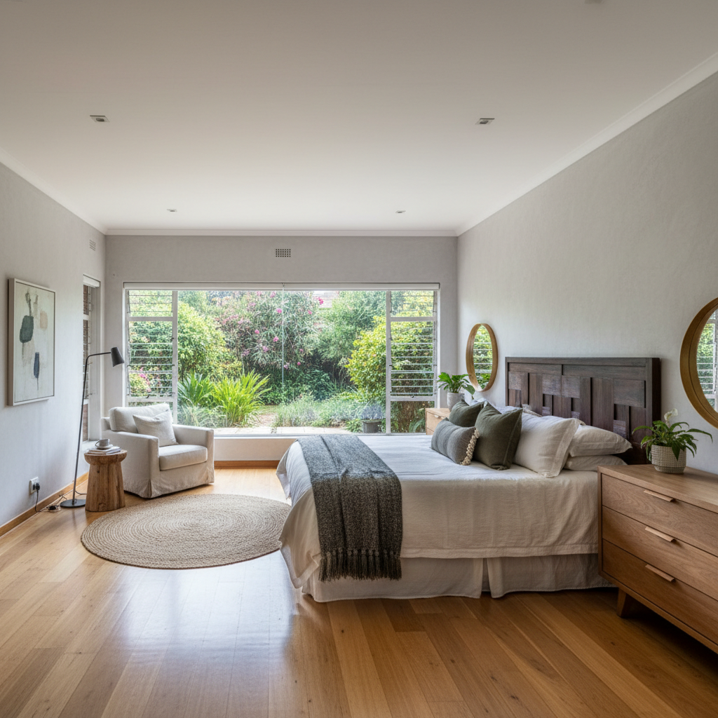 Master bedroom in Parkhurst five-bedroom home with en-suite bathroom and garden views
