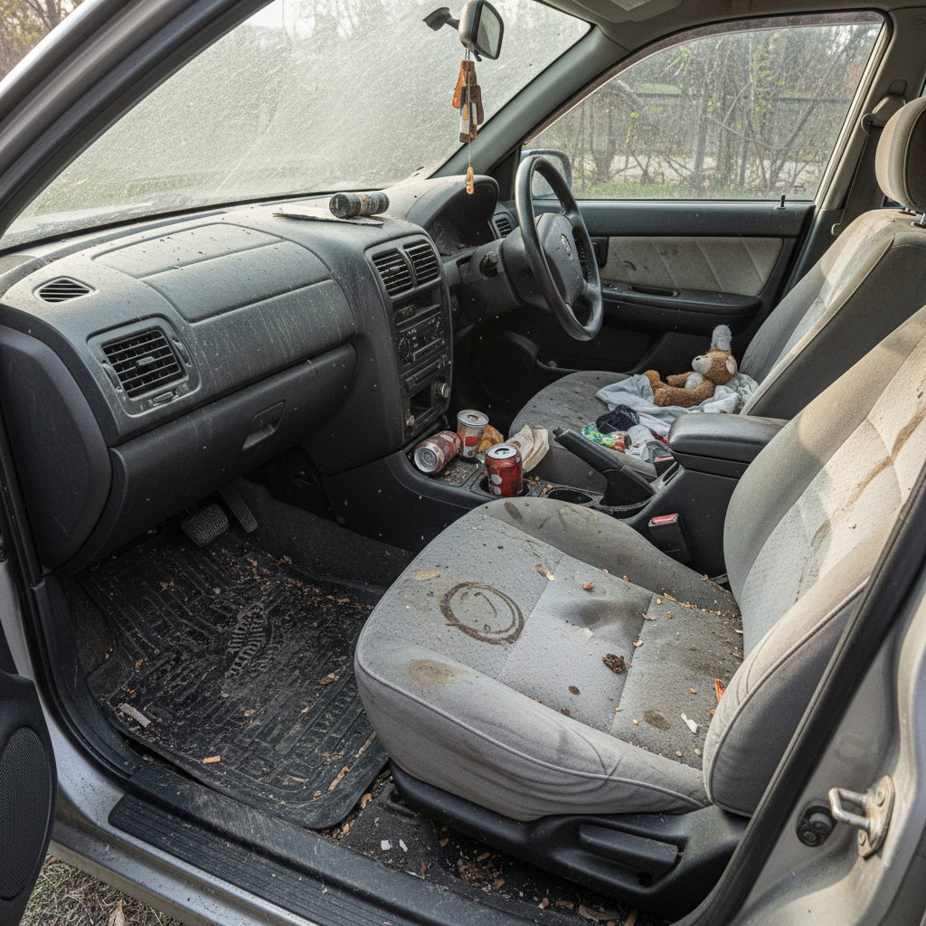 Vehicle interior before detailing showing dirt and stains on seats