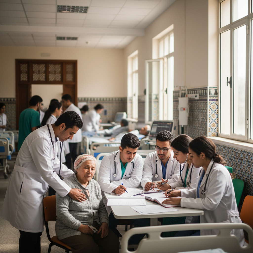 Étudiants marocains en externat mi-temps effectuant une rotation dans un service de médecine interne d'un CHU marocain