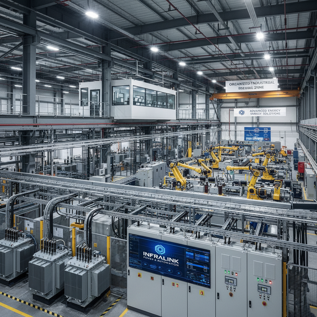 Modern industrial manufacturing facility with robotic arms in dim blue lighting on dark factory floor