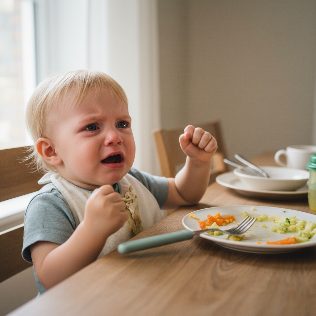 Frustrated toddler at dinner table unable to communicate what they want