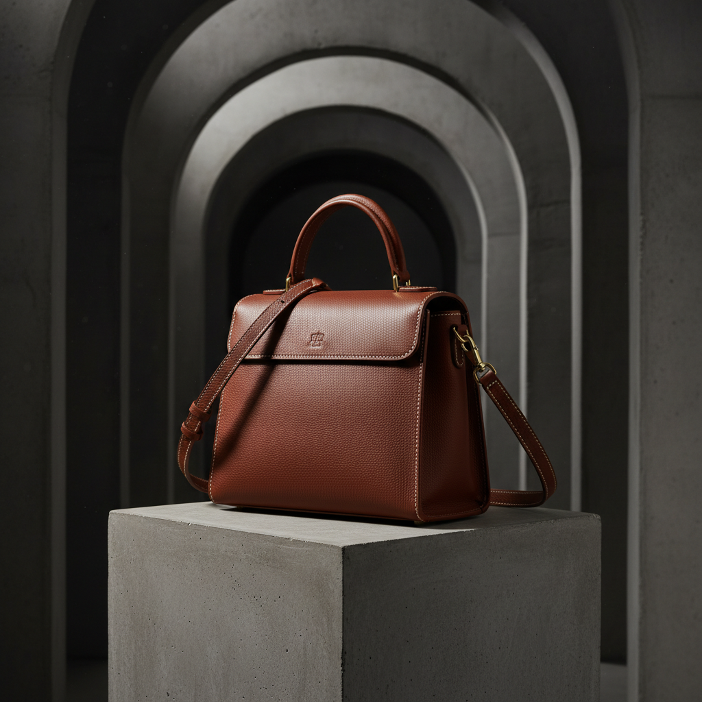 Premium designer handbag on dark surface with dim atmospheric lighting and rich shadows