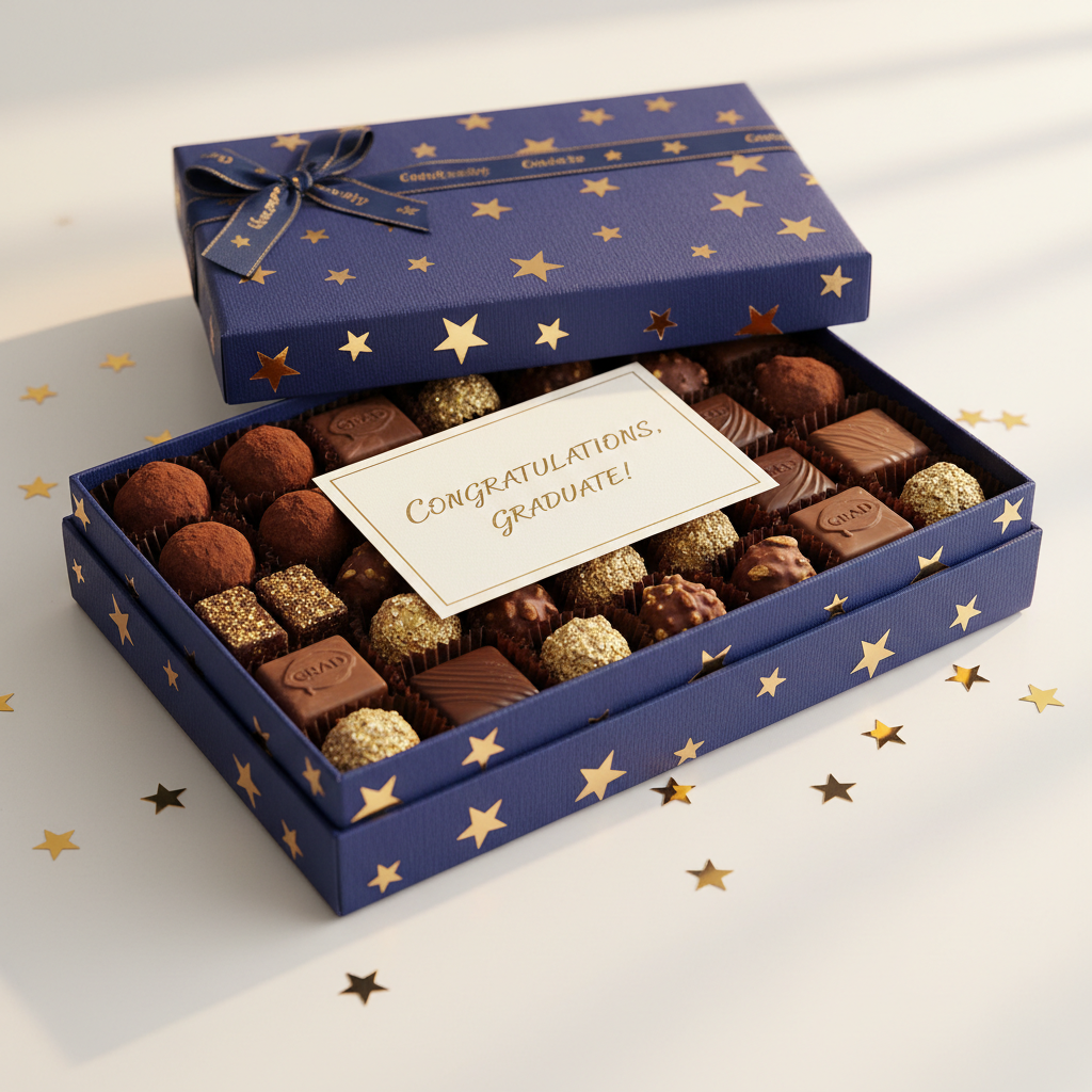 Graduation celebration gift set with diploma frame flowers and chocolates bright studio