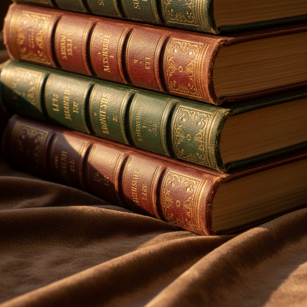 Stack of vintage poetry books on dark wood surface with dramatic side lighting creating deep shadows