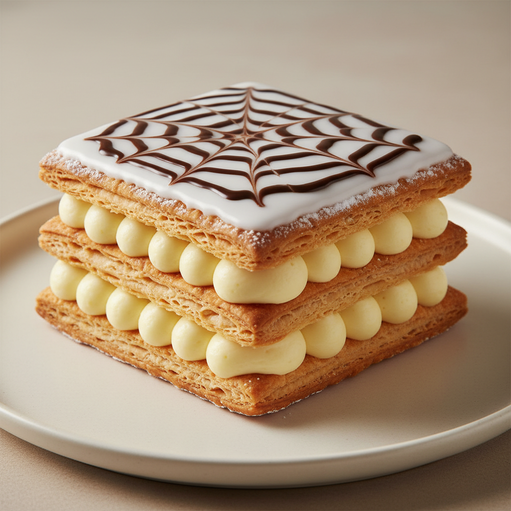 Classic mille-feuille pastry with vanilla cream layers and white fondant glaze on wooden surface