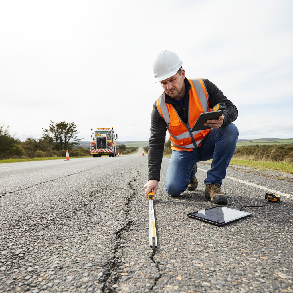 Site engineer conducting road condition survey with measurement equipment