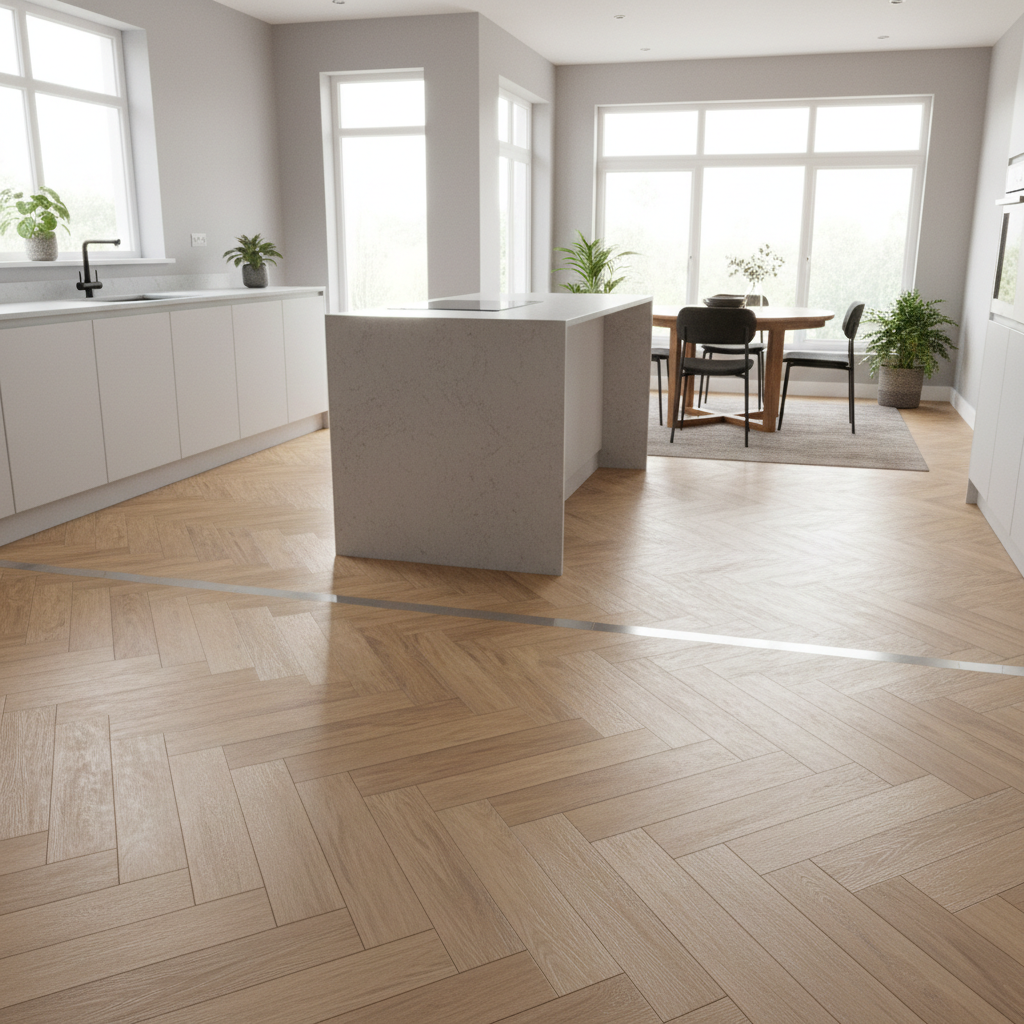 Herringbone LVT vinyl flooring in a modern kitchen-diner, showing tight seams and clean threshold strips
