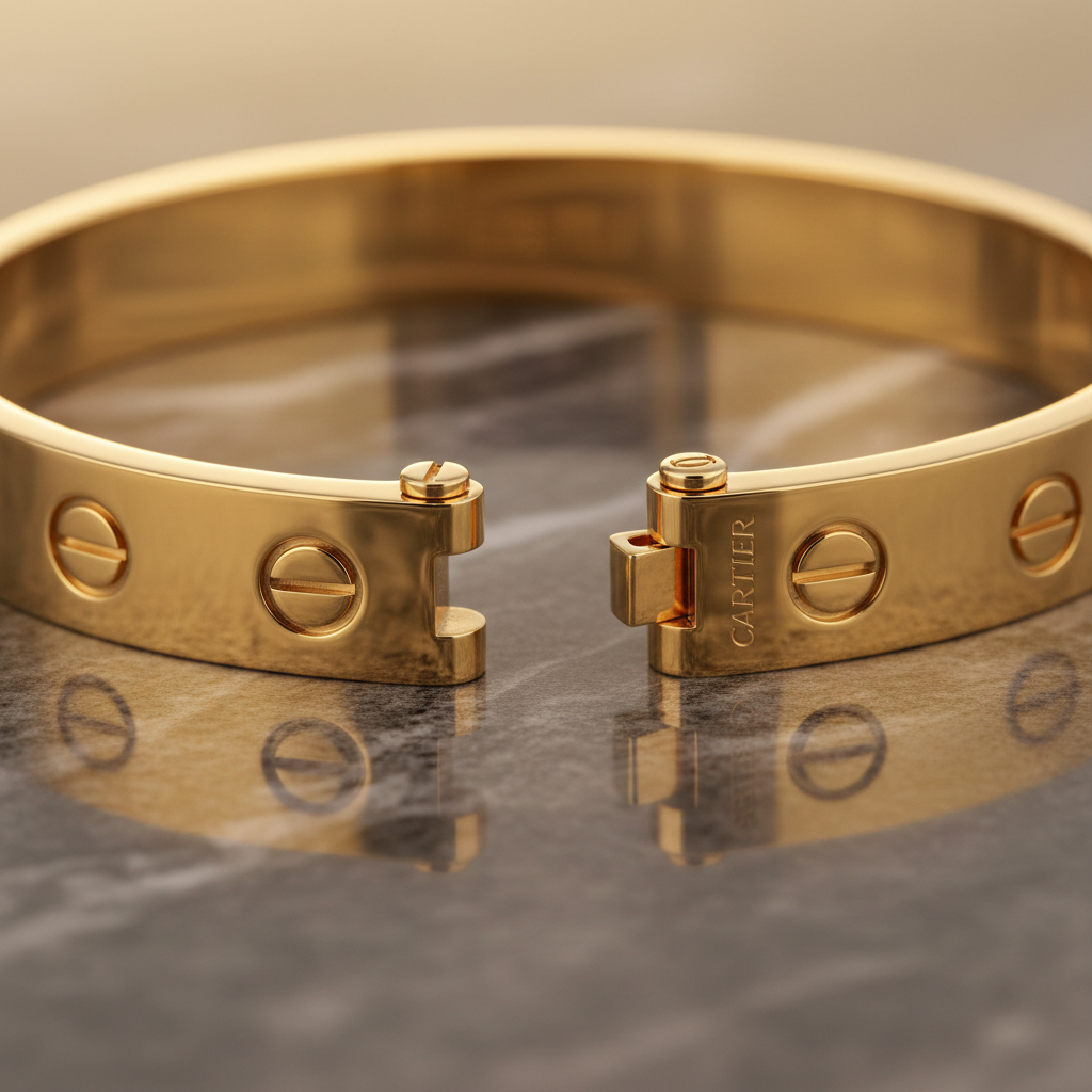 Cartier Love bracelet in 18k yellow gold with screws, on wrist against white background