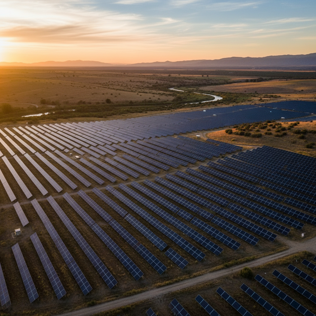 Aerial view of large industrial solar farm with rows of solar panels under golden sunset light