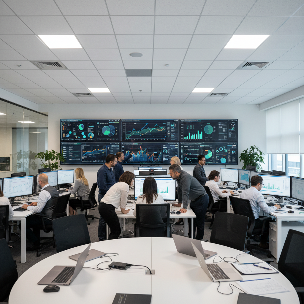 Business team reviewing analytics dashboard and CRM data on large monitors