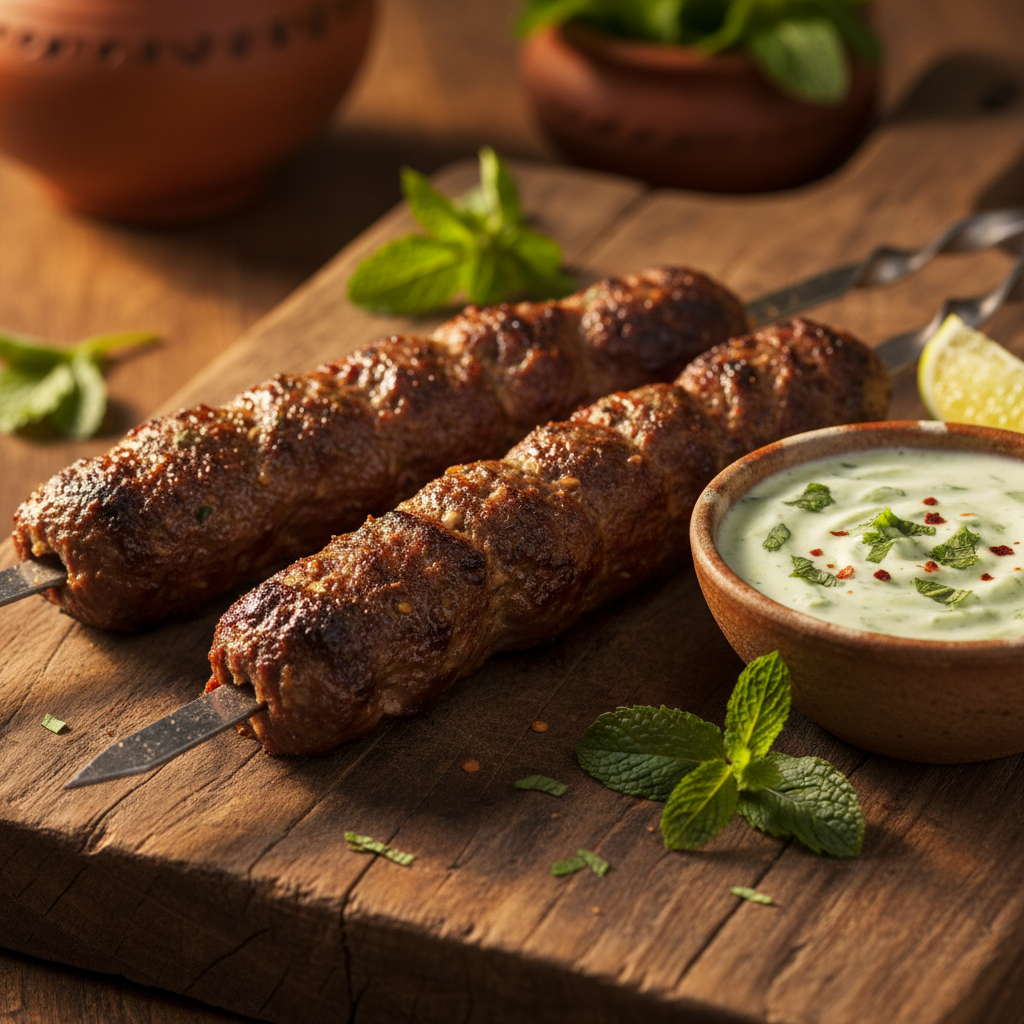 Juicy lamb seekh kebabs on skewers with charred exterior, served with mint chutney and sliced onions