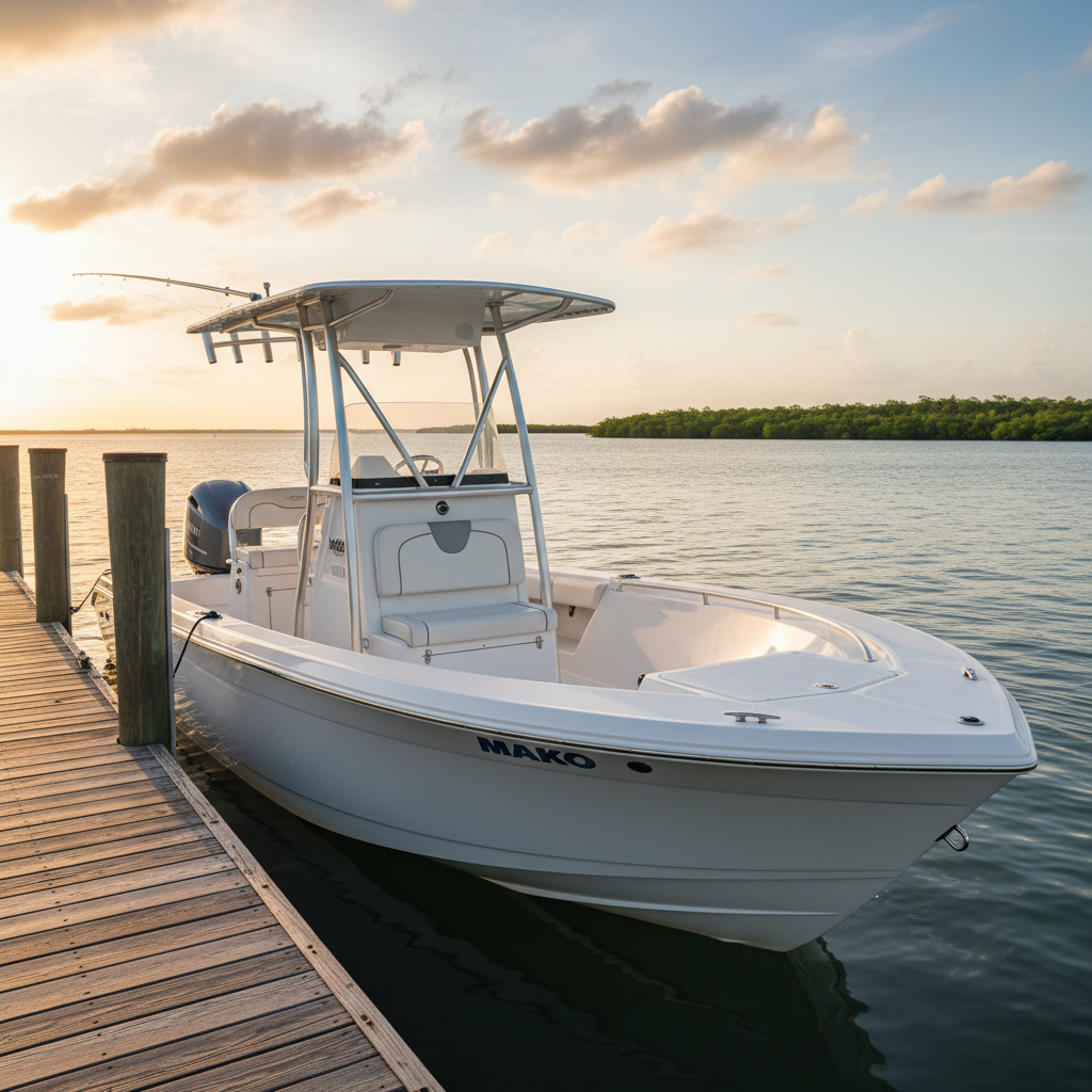 White Mako center console bay boat with T-top at dock, nearly new with very low hours