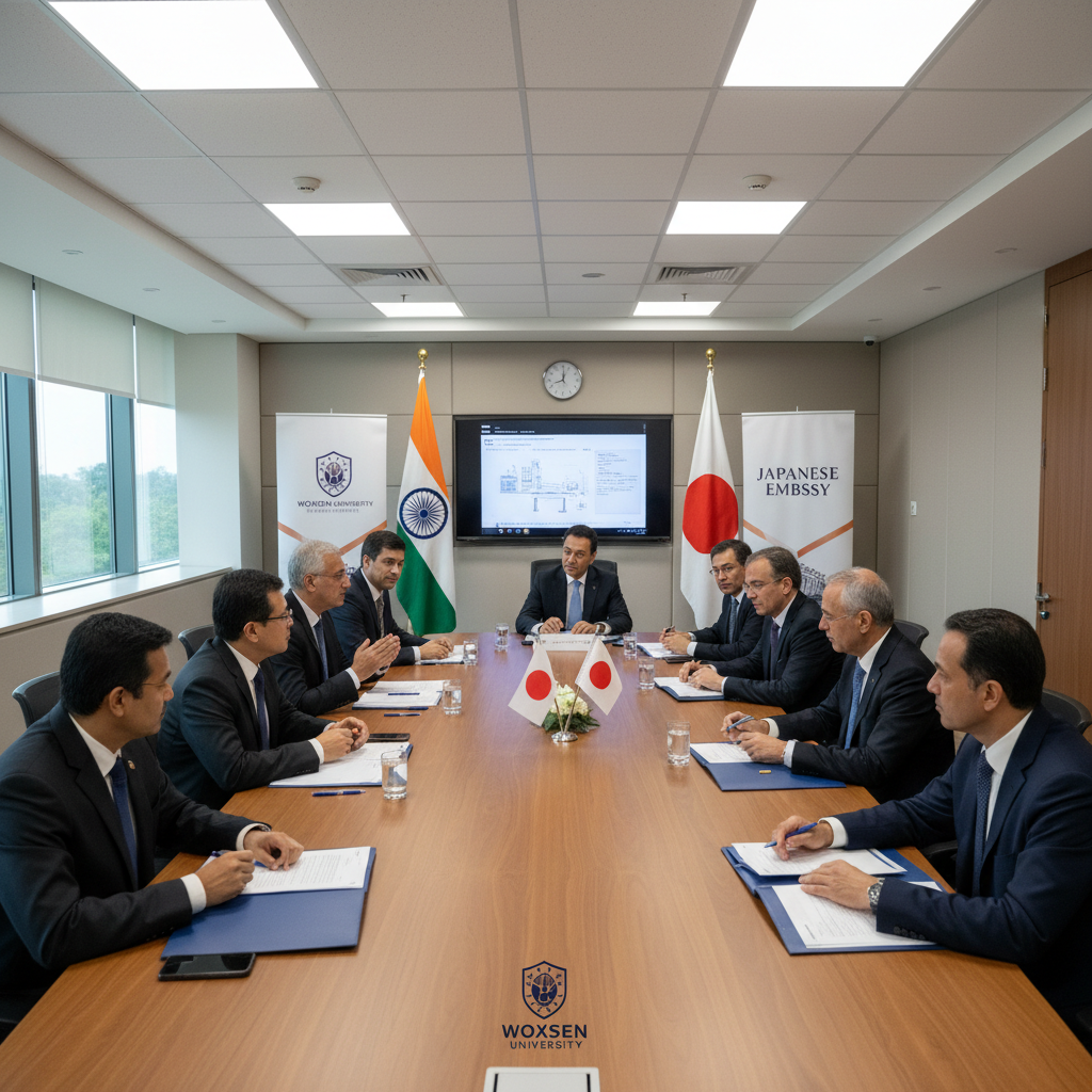 Formal meeting between Woxsen University officials and Japanese Embassy representatives in a conference room with flags