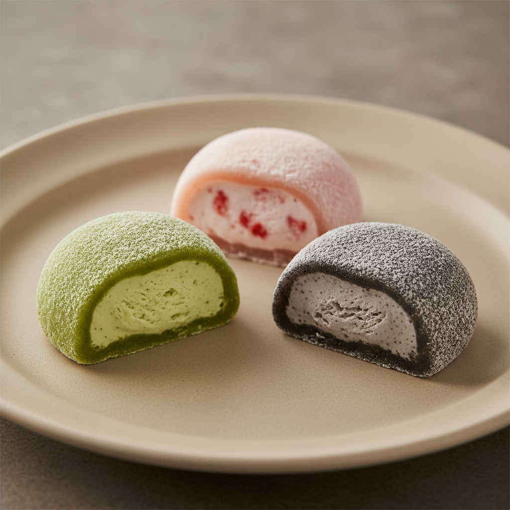 Soft mochi rice cakes in assorted flavours including matcha, strawberry, and red bean