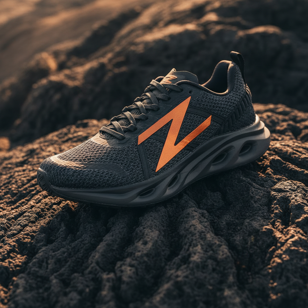 Black and white athletic shoe with bold design details on dark studio surface