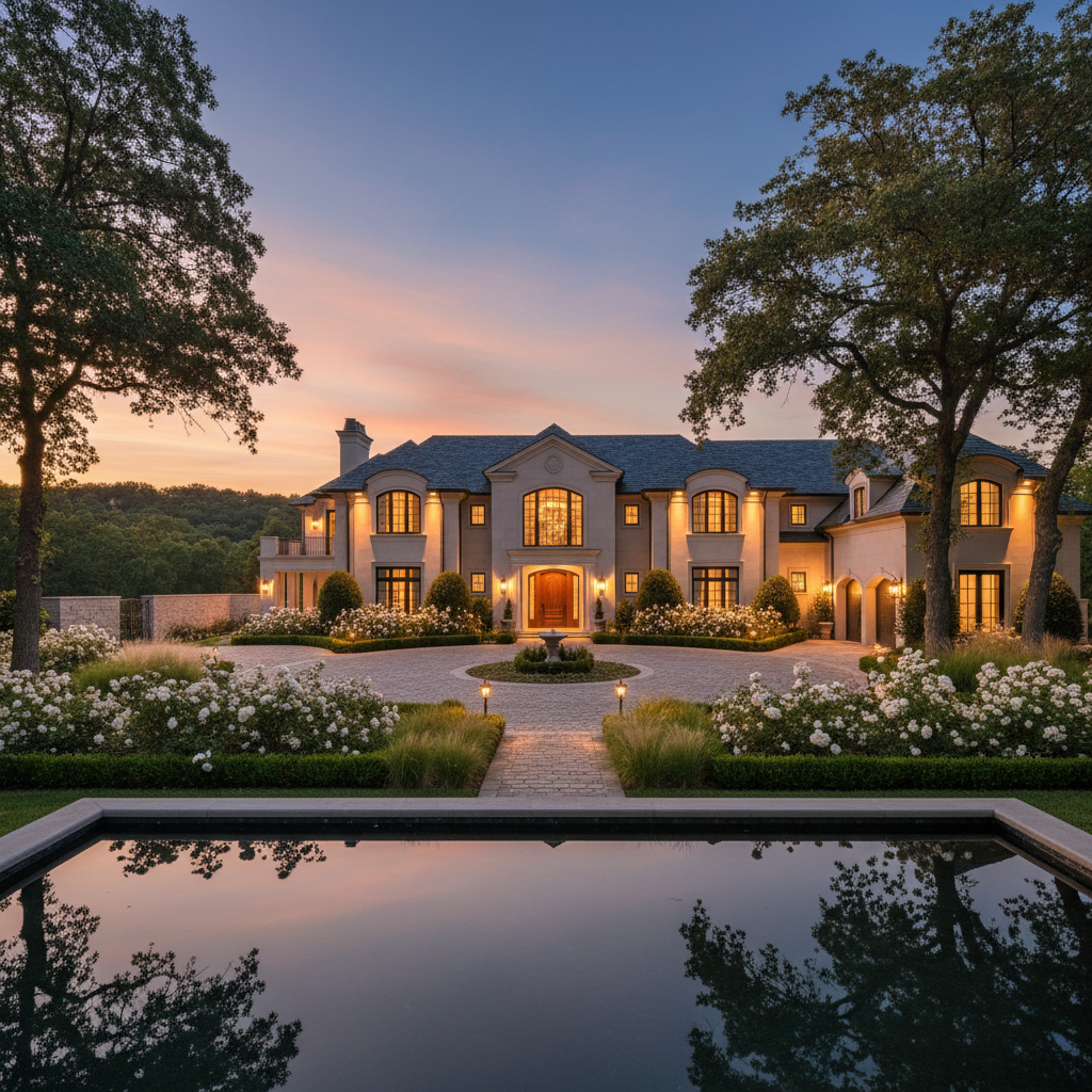 Luxury villa pool area at twilight with warm lighting reflecting on water