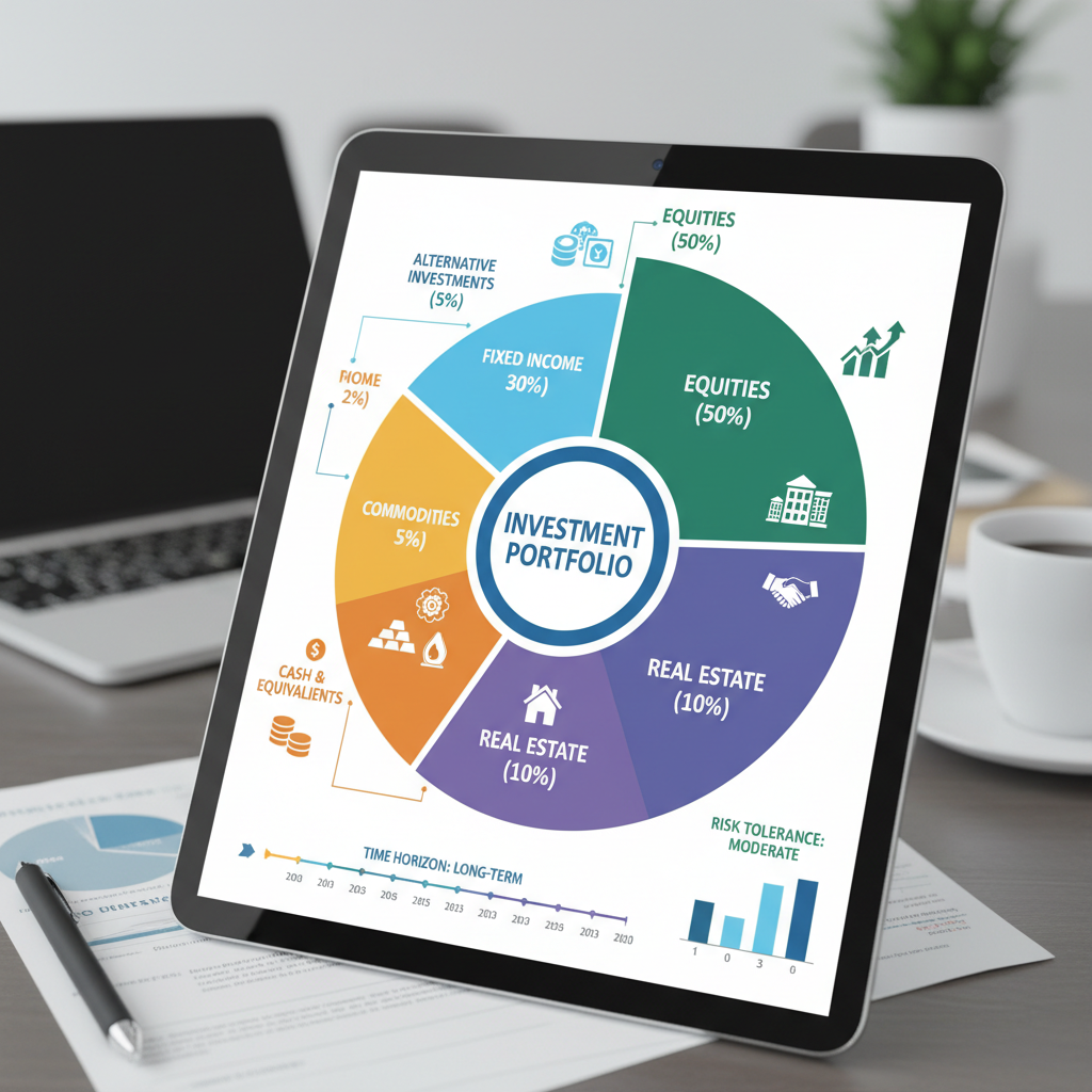 Investment portfolio management dashboard showing diversified asset allocation and performance metrics