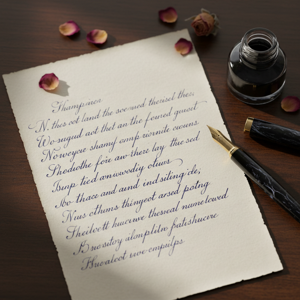Handwritten letter on cream paper with a fountain pen and envelope on a wooden desk