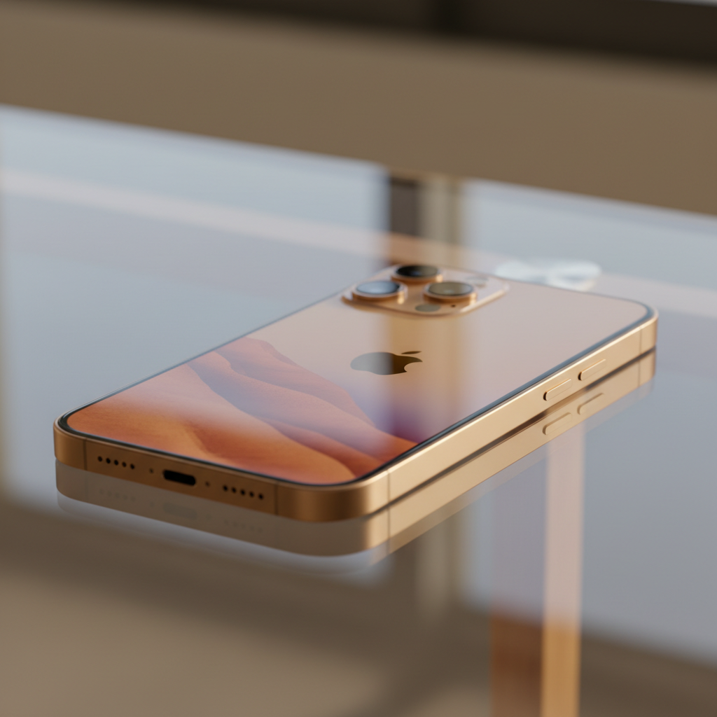 iPhone 15 Pro on dark reflective surface with studio lighting showing titanium finish